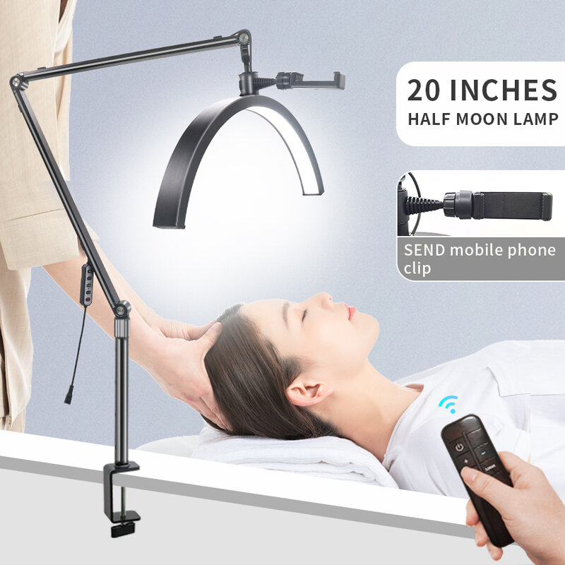 Anillo de extensión de pestañas de 20 pulgadas, lámpara LED de media luna con Clip de teléfono para cejas de belleza y cuidado de la piel