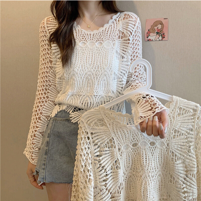 Hollow Knitted Top Women's Spring and Summer Mesh Ice Silk Thin Sunscreen Shawl Sling Inner Shirt