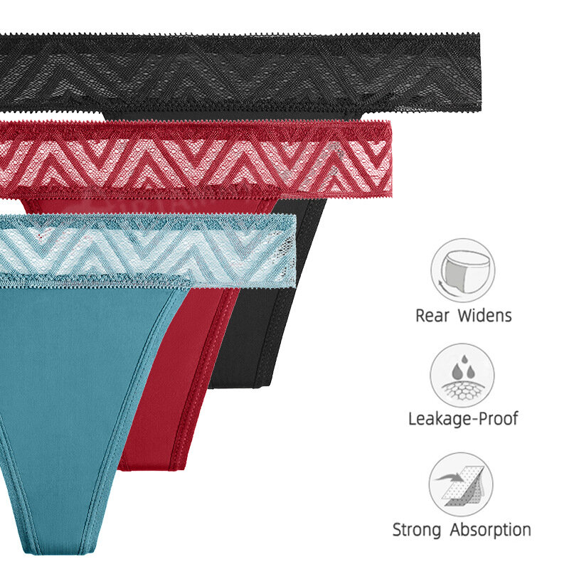 Roupa interior menstrual reutilizável para mulheres, laço da linha T, 4 camadas, sexy