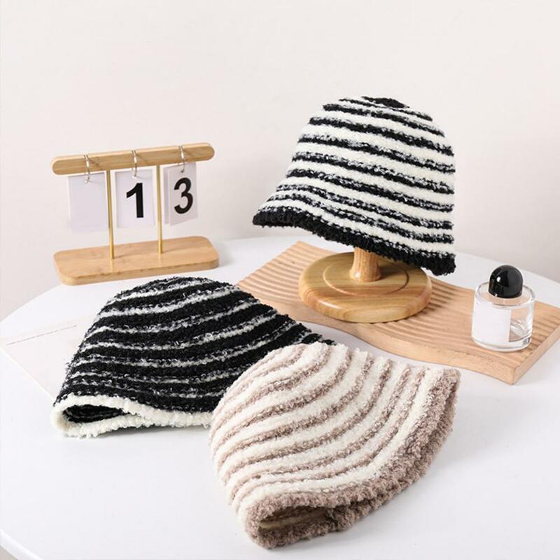 Fisherman Hat Stylish Striped Knitted Woolen Hat Korean Version Soft Comfortable Basin Hat for Women Versatile Warm Ear