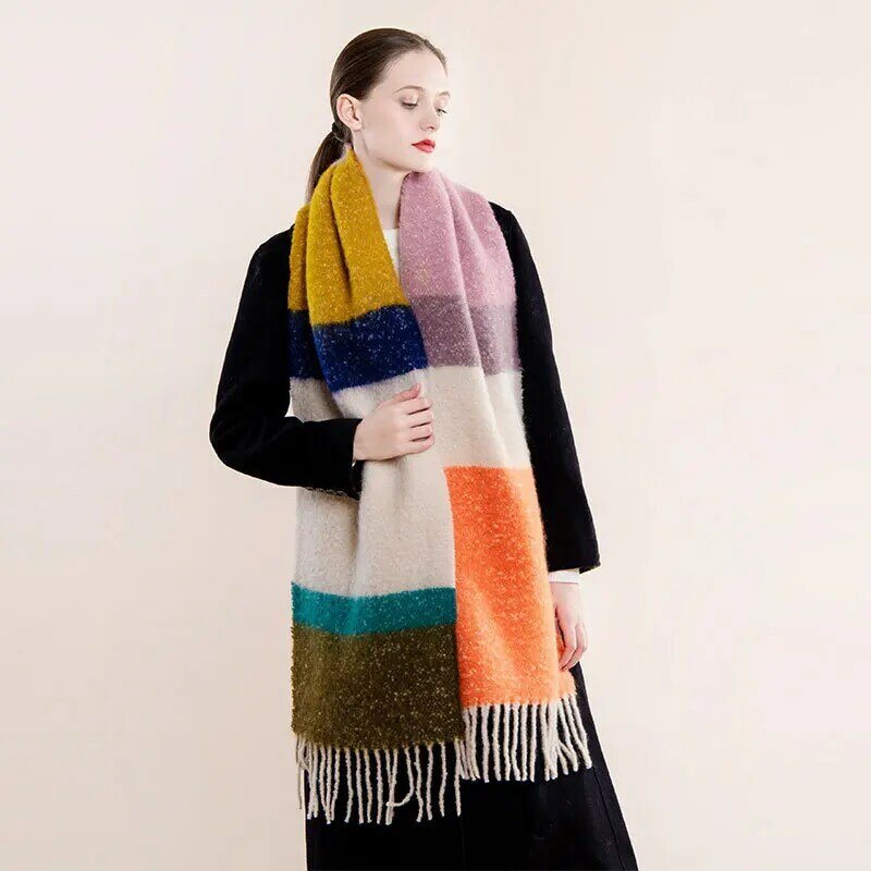 2023 Winter Women New Rainbow Color Imitation Cashmere Scarf Thicken To Keep Warm Tassel Color Blocking Stripe Collar Long Shawl
