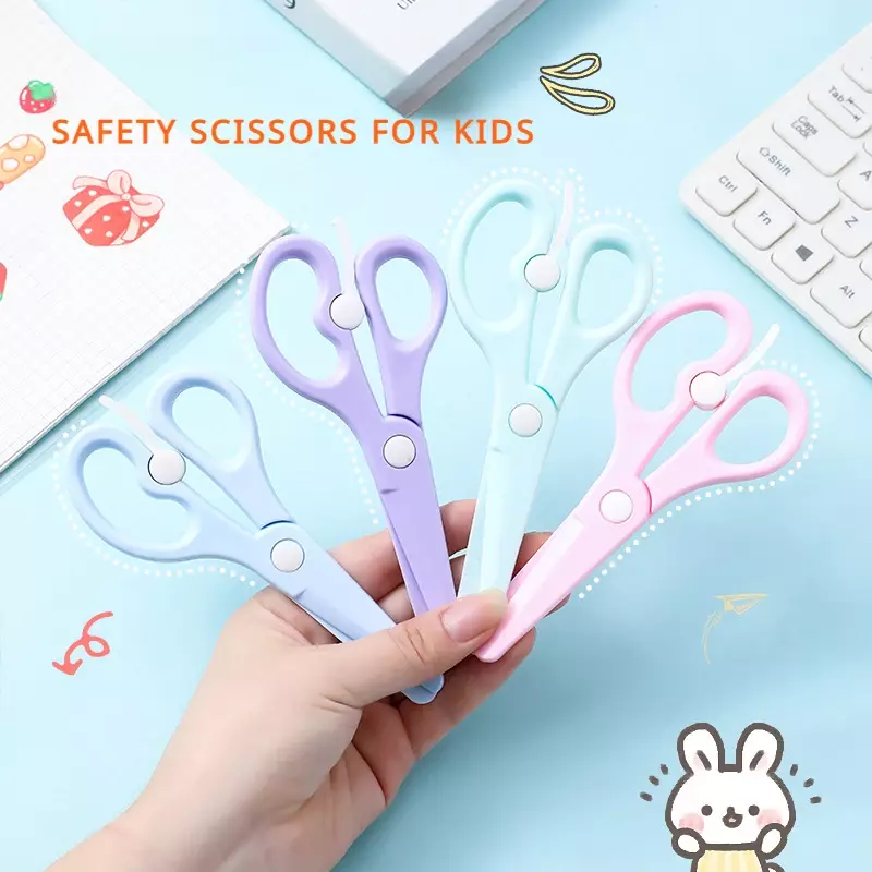 Tijeras de seguridad Kawaii para niños, tijeras elásticas de plástico, cortador de caja de papel de punta redonda, suministros escolares para estudiantes de jardín de infantes