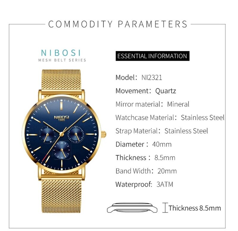 Nibosi นาฬิกาข้อมือสำหรับผู้ชายสแตนเลสยี่ห้อชั้นนำนาฬิกากันน้ำนาฬิกาข้อมือควอตซ์ธุรกิจ relogio masculino