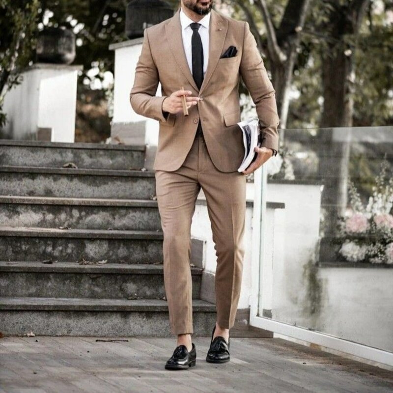 Caqui magro ajuste masculino ternos de casamento noivo wear smoking pico lapela blazer personalizado conjuntos de duas peças jaqueta + calças de hombre