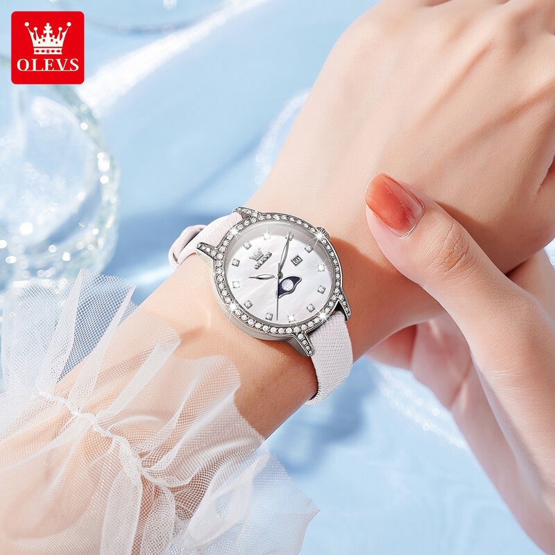 Olevs Dameshorloge Topmerk Luxe Beimu Diamant Quartz Horloge Waterdichte Leren Band Elegante Mode Date Dameshorloge