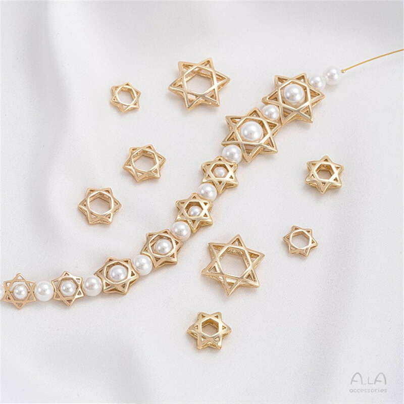 14K Gold-plated Hollowed Out Hexagonal Star Set Bead Ring, Handmade Beaded Partition Ring DIY Bracelet Necklace Accessories K034