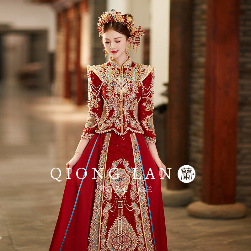 Xiuhe 무거운 구슬 장식 중국 신부 원피스, 고대 웨딩 드레스, 용과 피닉스 로브 가운, 럭셔리 2023 신상