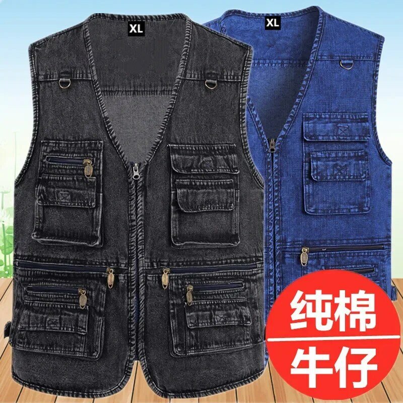 2024 Men's Autumn Black Cotton Denim Vest Multi-Pocket Fishing Photography Casual Vest