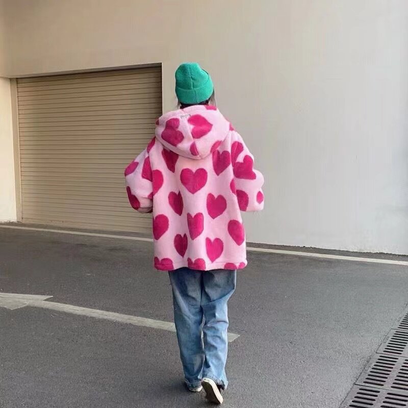 Jaqueta de pelúcia estampada em forma de coração feminina, casaco com capuz com zíper coreano manga longa, grosso, quente, com capuz, inverno