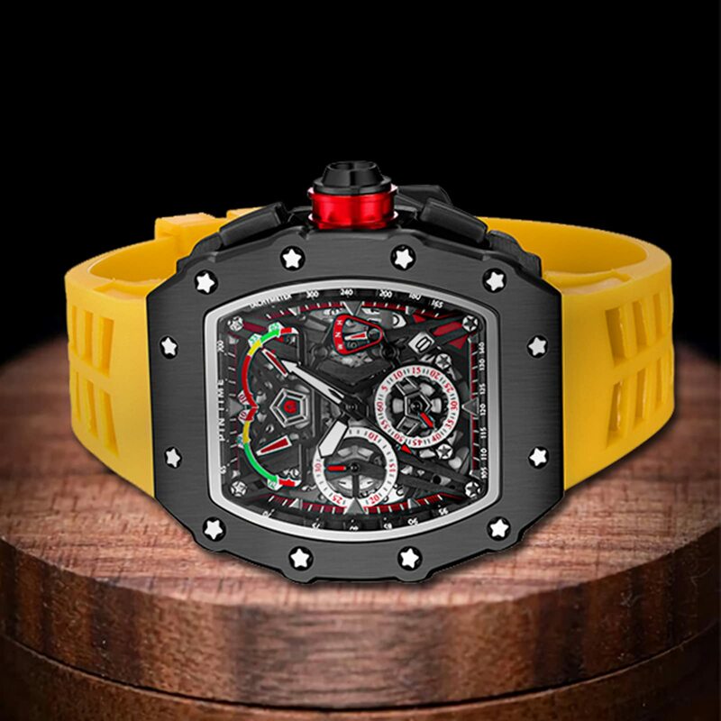 PINTIME promozione vendita uomo moda Sport orologio cronografo funzione cronometro cinturino in gomma rossa data automatica orologio da polso di lusso maschile