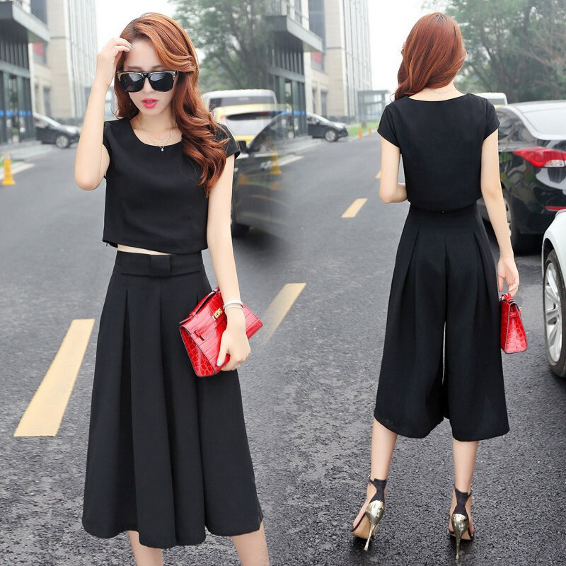New Temperament Outfits Slim Women 2023 Summer Solid O-Neck Pullover Short Sleeves +Pleated  Mid-Calf Shorts Skirts