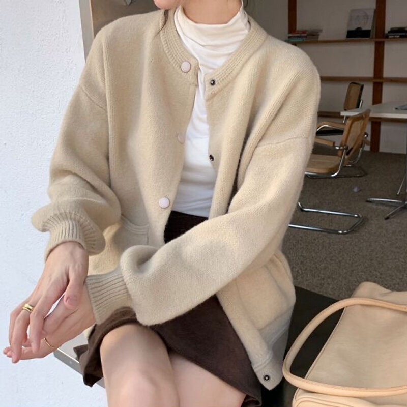 Cárdigan de punto de moda coreana para mujer, abrigo suelto de manga larga, suéter liso con bolsillo, otoño e invierno, 2023