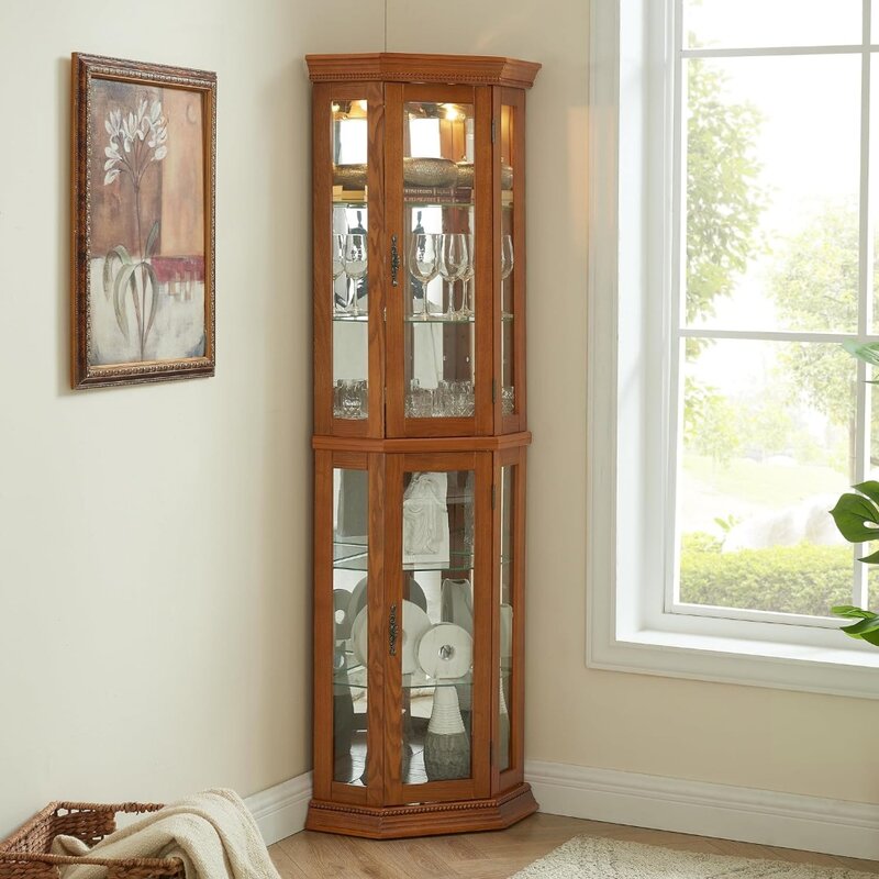 Vetrina angolare in legno Curio Cabinet, armadio cinese illuminato con porta in vetro temperato, con scaffalature a due sezioni, contenitore per liquori