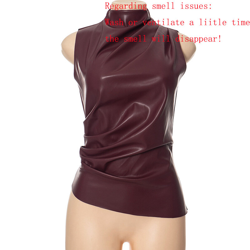 Skórzany podkoszulek Gtpdpllt PU moda asymetryczna marszczona bluzka bez rękawów zimowa seksowna koszulka damska Y2K ubrania