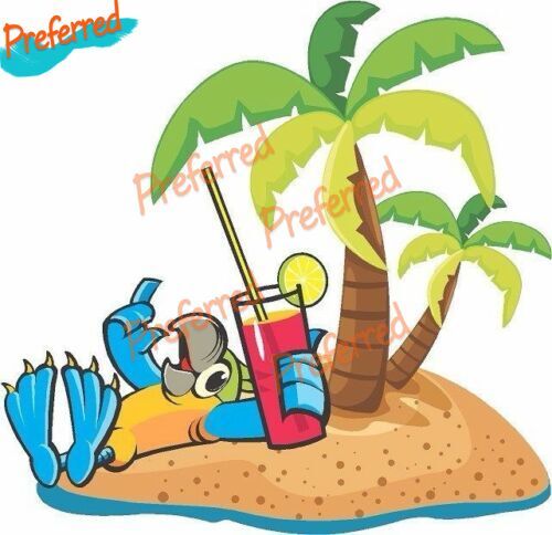 Lustige Interessant Cartoon Auto Aufkleber Papagei mit Trinken auf Strand Unter Palm Baum Aufkleber Wasserdichte PVC Auto Aufkleber