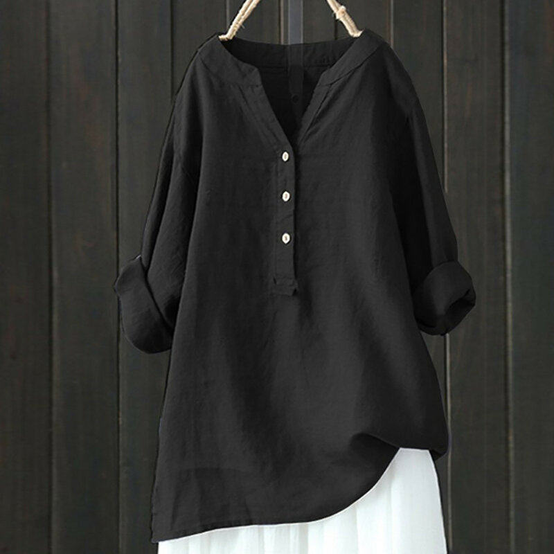 Camisas de pana de gran tamaño para mujer, blusa informal de algodón y lino, de manga larga, con botones, 2023
