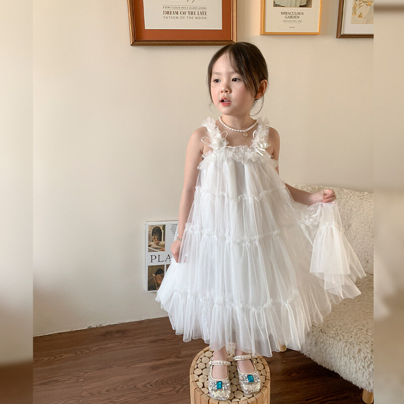 Vestido de princesa con tirantes para niñas, ropa de verano, versión coreana, blanco, 2024