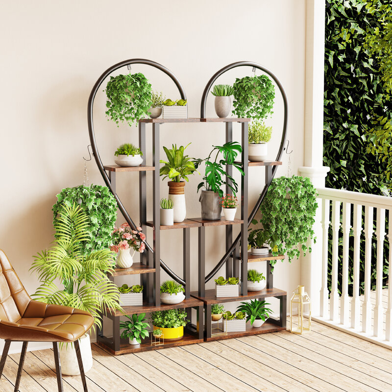 6 camadas planta metálica stand, escada criativa metade coração-forma para plantas de interior, prateleira preta