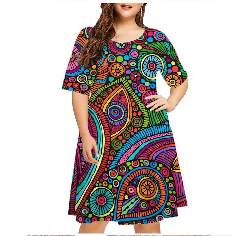 Gaun wanita ukuran besar 6XL, gaun musim panas motif lukisan abstrak, Gaun A-Line lengan pendek motif Vintage, gaun pesta kasual