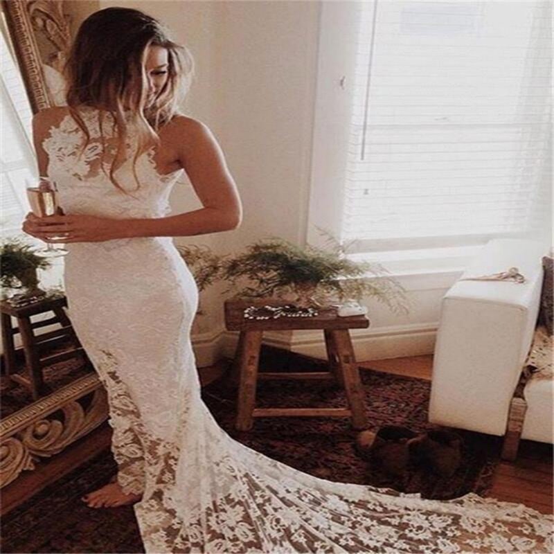 Vestido de renda branca para mulheres, vestido de sereia emagrecedor com decote em o pescoço, vestido de noiva luxuoso, novo, 2024