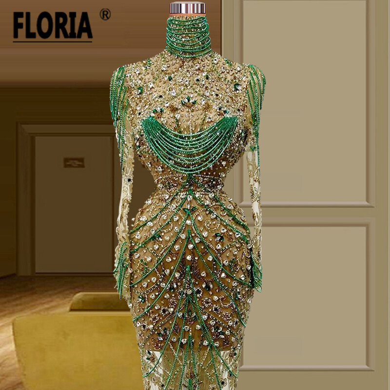 Gorgeous Full Crystal Beads Evening Dresses Diamonds Rhinestone Tassel Mermaid Prom Dress Floor Length Illusion Robe De Soiree