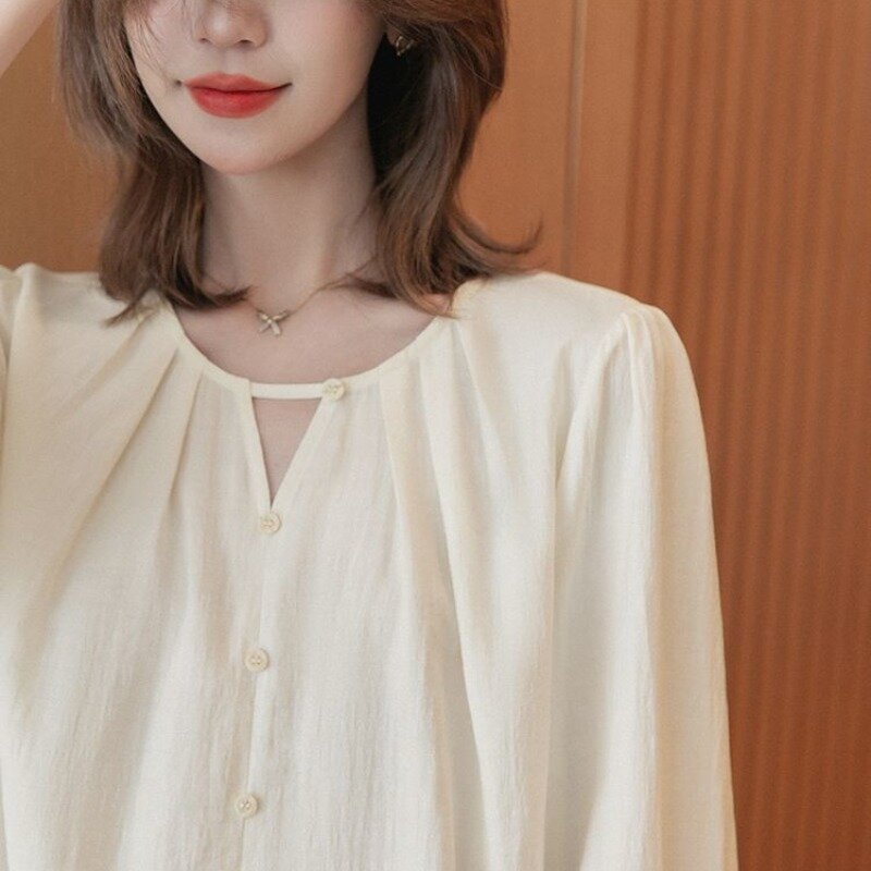 2024Spring Autumn New Fashion Round Neck Long Sleeved Blouse Casual Versatile Western Commuting Loose Clothing Women's Shirts