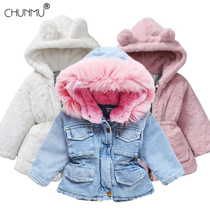 Meninas roupas de bebê casacos para meninas gola de pele jaquetas para o inverno outono crianças roupas mais veludo denim grosso crianças outerwear