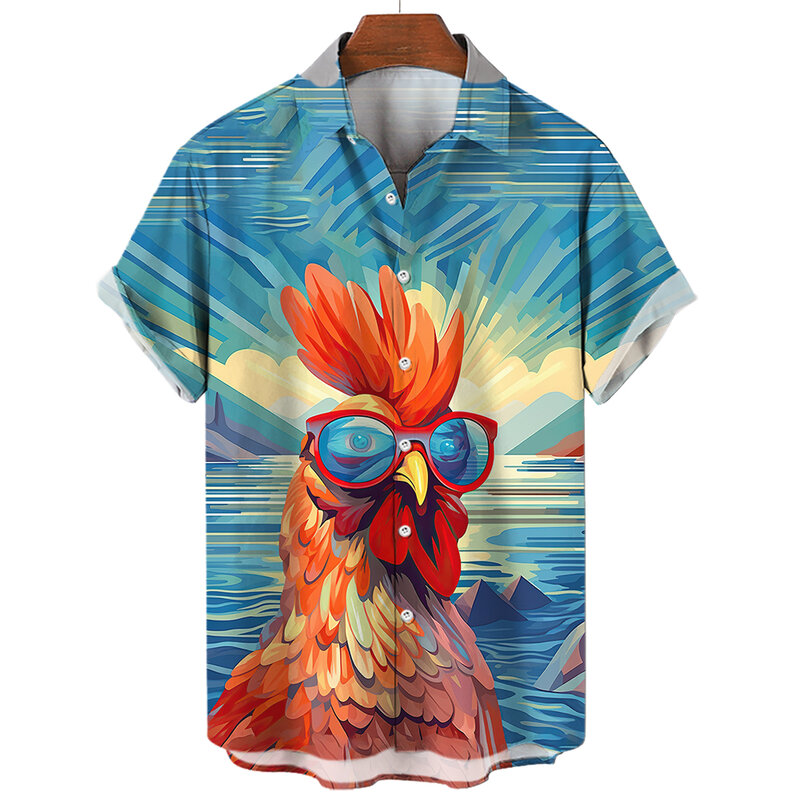 Camisa de praia de manga curta, estampada com frango, tops de harajuku, roupa casual diária, elegante, havaiana, social, verão, Y2k