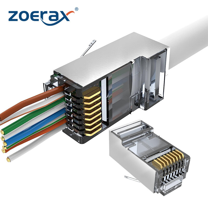 ZoeRax 50PCS RJ45 Cat5e Cat6 Connectors - Pass Through Connector 30μ Gold Plated 3 Prong 8P8C Modular Plugs - 1.1mm