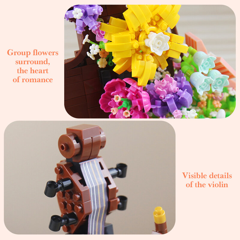 Violino Building Blocks fiore eterno decorazione giocattolo fai da te modello di fiore strumenti musicali mattoni da costruzione blocchi regali creativi