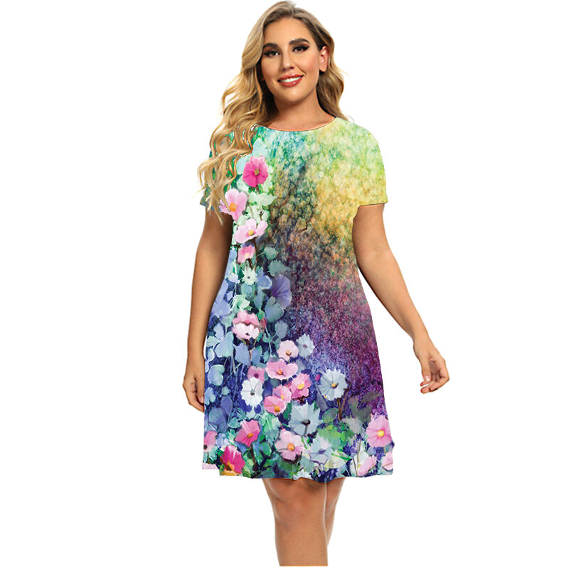 Lato Retro kwiatowy wzór w rośliny sukienki dla 2023 kobiet odzież Plus rozmiar z krótkim rękawem luźne ubrania Casual 3D sukienka z nadrukiem