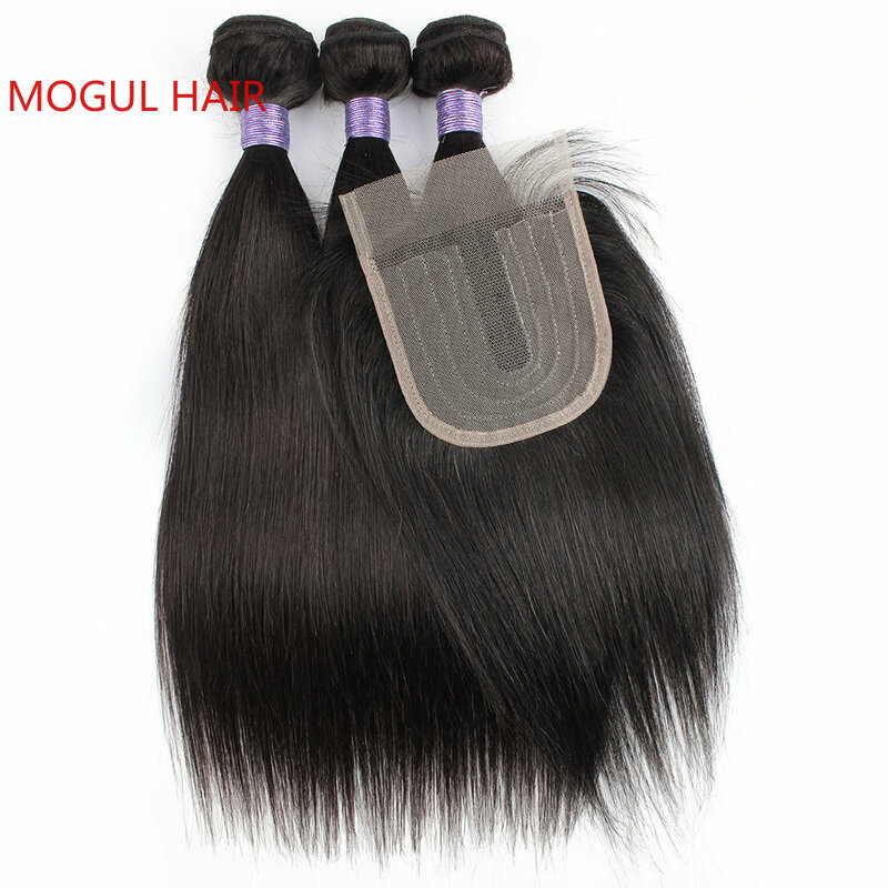 Straight Human Hair 3 Bundles with Closure Transparent Lace Free Middle Part 200g/set Bone Remy Hair Weave Extension Mogul Hair