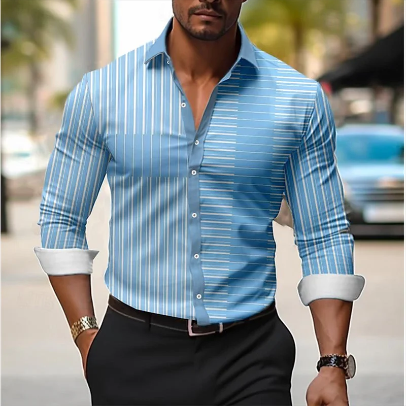 Рубашка с полосатым принтом для мужчин, Повседневная дышащая рубашка с отворотом, длинными рукавами и пуговицами, удобная мягкая ткань