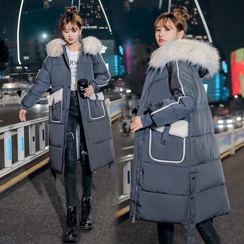 Winter Jacket Womens 2023 New Hooded Parkas Fur Collar Long Down Cotton Coat Female Oversize Loose Outerwear Thicken Overcoat
