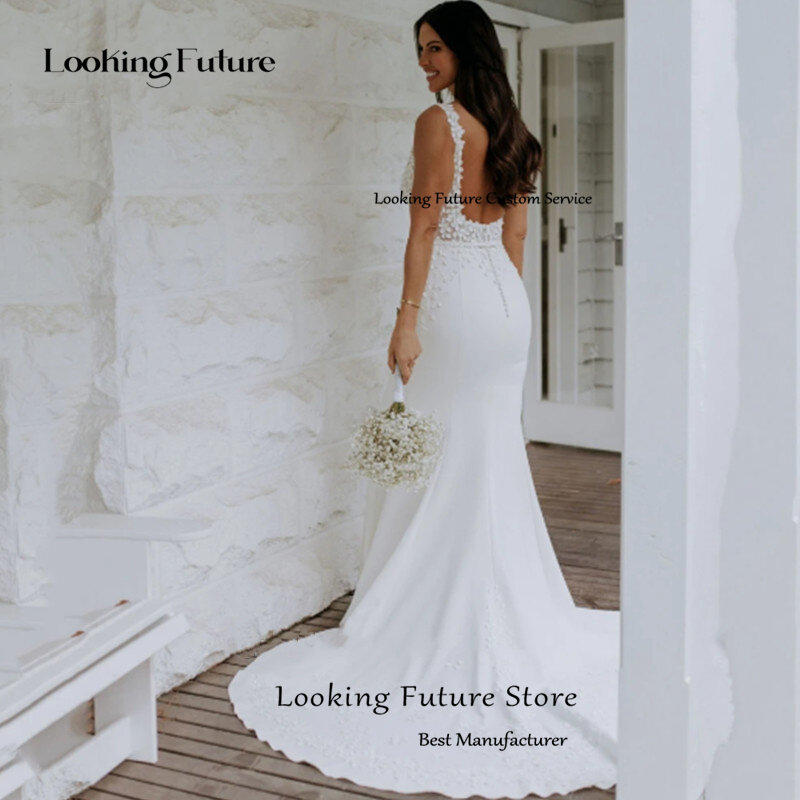 Простое кружевное свадебное платье с юбкой-годе, элегантное Плиссированное свадебное платье на бретелях-спагетти с аппликацией, свадебное платье с квадратным вырезом и открытой спиной, со шлейфом, 2024