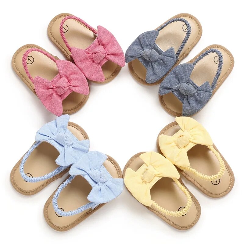 Sapatos de primeiro andador antiderrapante para bebês, sandálias de nó arco, sola macia, vestido de princesa plano, calçado de verão, 0-18m