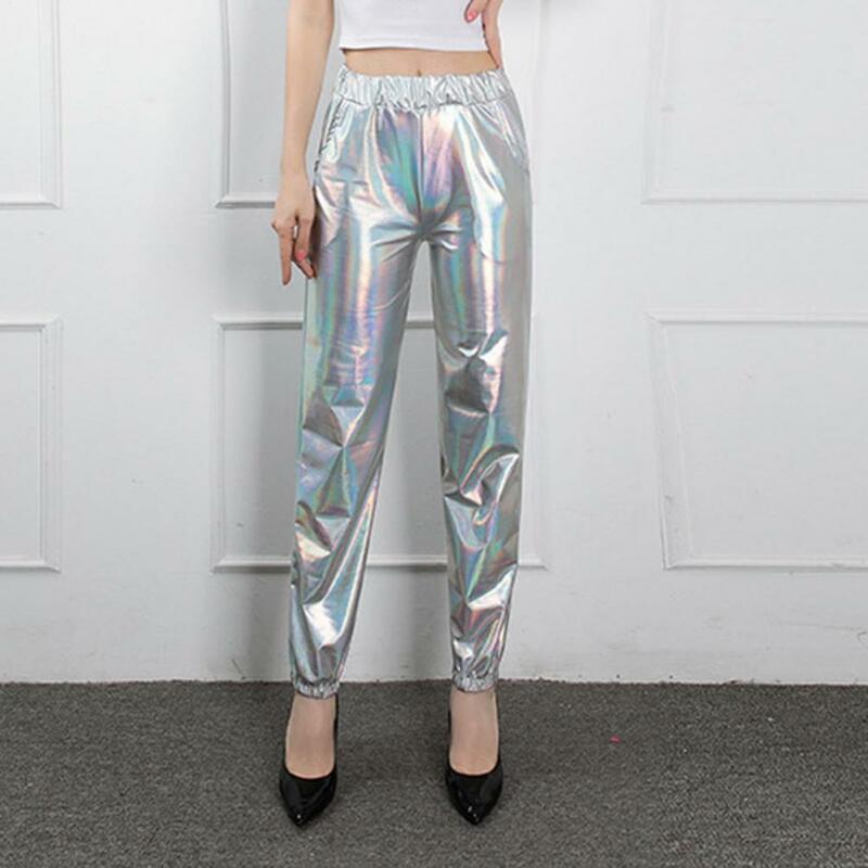 Shiny Laser Pants Women Harem Trousers High Waist Glossy Elastic Waist Ankle-banded Slim Fit Clubwear Stage Performance Trousers
