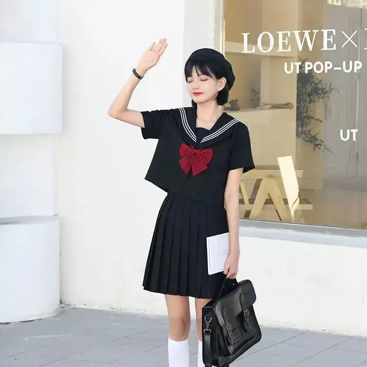 女の子用日本の制服、半袖、黒と白、セーラーセット、プリーツスカート、コスコスチューム、jkユニフォーム、夏