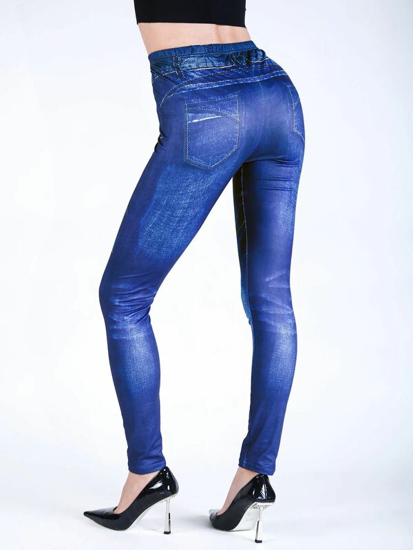INDJXND-Leggings Sexy en Faux Denim Bleu Brossé pour Femme, Vintage, Taille Haute, Serré, Sans Couture, Imprimé, Œillet, Pantalon Crayon