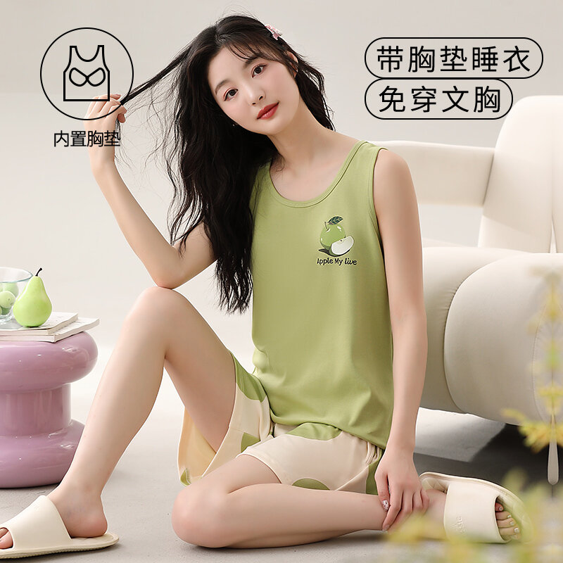Ensemble de pyjama fibrama d'été pour femmes vêtements de nuit en coton avec coussin de soutien-gorge grande taille M-3XL mince version coréenne vêtements de nuit pour jeune fille