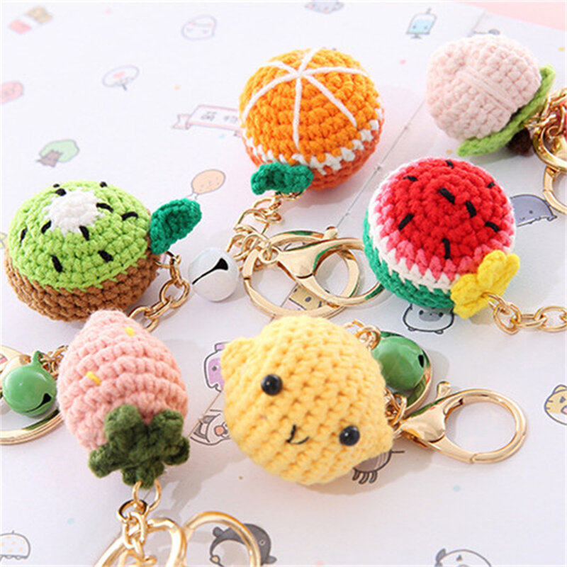 Fruit Keychain Cute Knitting Lemon Donut Doll Car Key Holder Creative Crocheted Strawberry Watermelon Orange Pendant Key Keyring