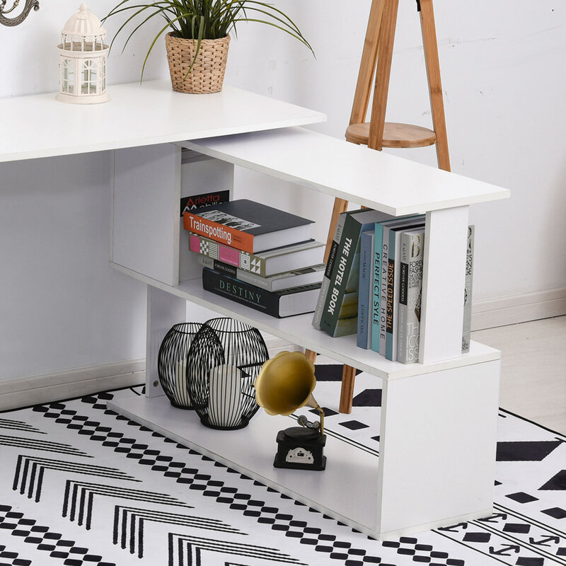 Meja sudut berbentuk L Modern putih dengan fitur berputar 360 derajat dan rak penyimpanan untuk rumah kantor, meja tulis modis Wo