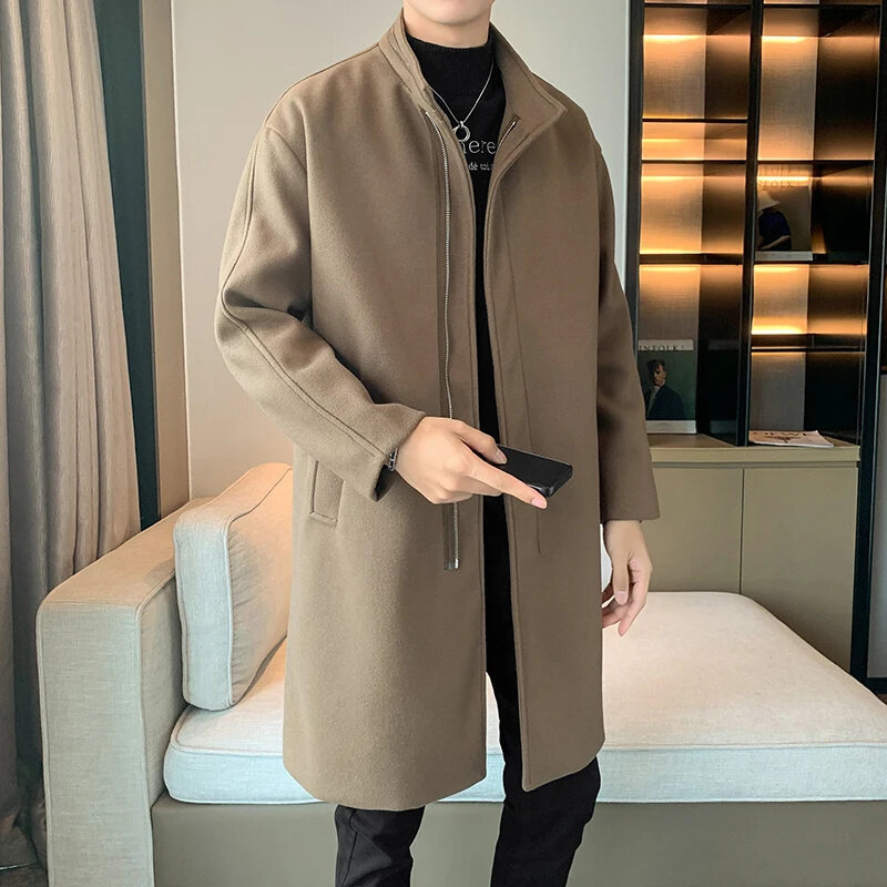 Mantel panjang kasual, jaket penahan angin gaya Korea, mantel panjang kasual longgar warna polos, pakaian luar musim gugur dan dingin 2024