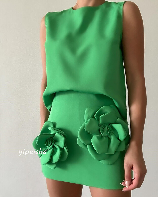 Jersey Flower Pleat Ruched Christmas A-line O-Neck Bespoke Occasion Gown Short Dresses