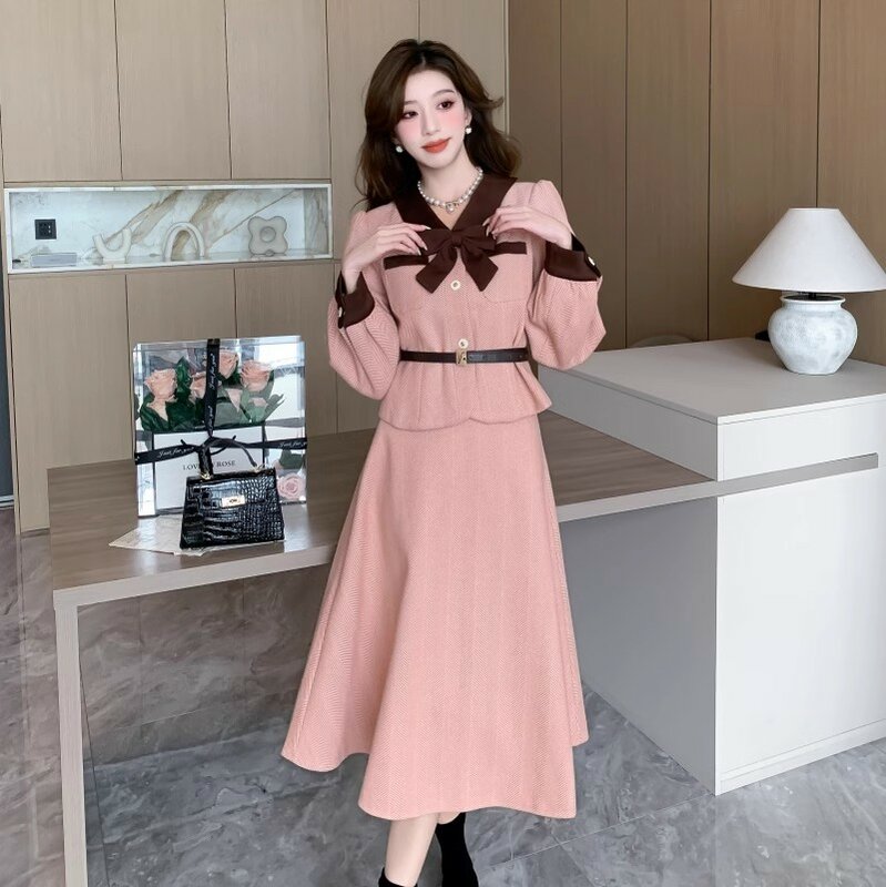 Autumn Winter Elegant Tweed Skirt Sets Women Sweet Bowknot Woolen Jackets & High Waist A-Line Skirts Suit Korean Female Outfits