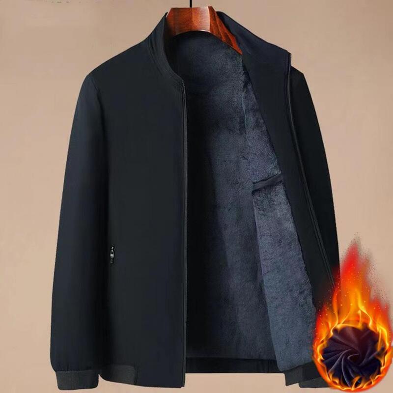 Men Autumn Winter Fleece Lining Jacket Stand Collar Long Sleeve Pockets Coat Solid Color Zipper Placket Thick Warm Outerwear