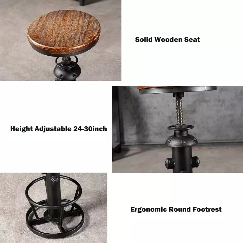 Bangku Bar industri, kursi makan Pulau dapur, kursi putar kayu, konter Bar tinggi dapat disesuaikan 25-31 inci