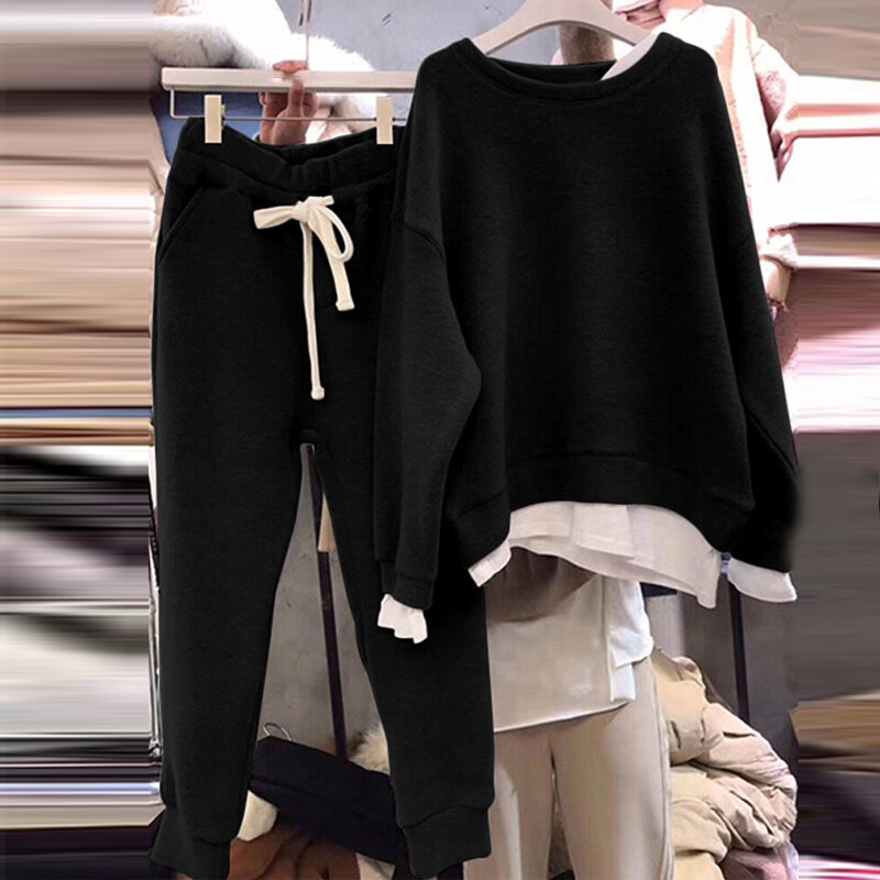 Свободные комплекты из 2 предметов, женские штаны, осенне-зимние однотонные толстовки и штаны длиной до щиколотки, повседневные Универсальные женские костюмы