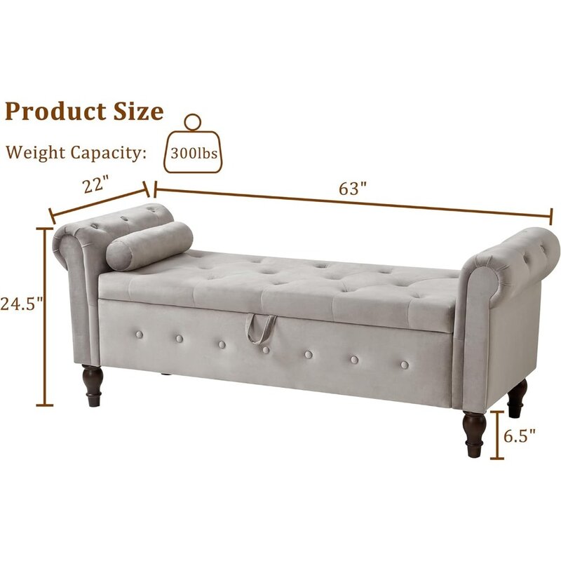 Velvet Upholstered Storage Bench, 63 Inch End of Bed Storage Ottoman Bench with Rolled Arms for Bedroom, Button-Tufted Ottoman