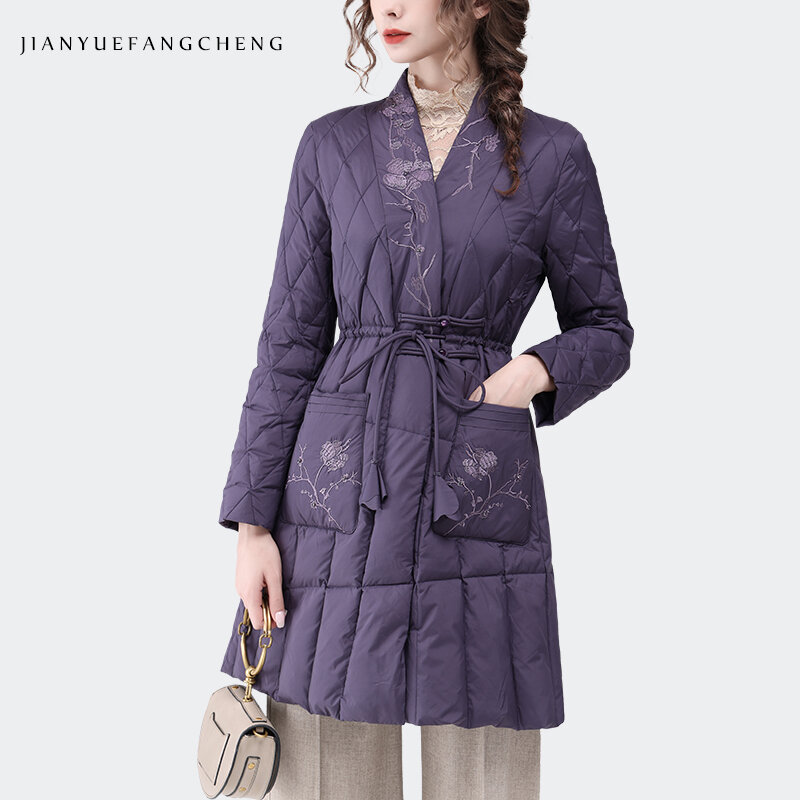 Jaket Down Musim Dingin Wanita, jaket bordir gaya China antik, jaket panjang setengah, hangat, tebal, mantel Puffer kerah V
